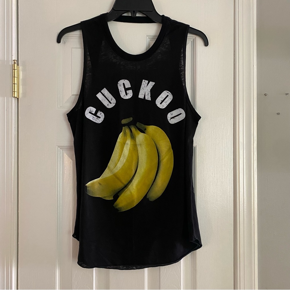 Chaser Cuckoo Bananas Tank Top Medium Thin Semi Sheer Black Yellow White Shirt